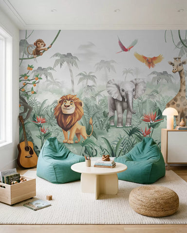 Children's jungle design with lion, giraffe, elephant and parrots