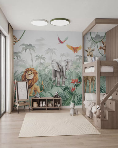 Children's jungle design with lion, giraffe, elephant and parrots