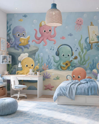 Cheerful, creative octopuses in the underwater world