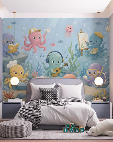 Cheerful, creative octopuses in the underwater world