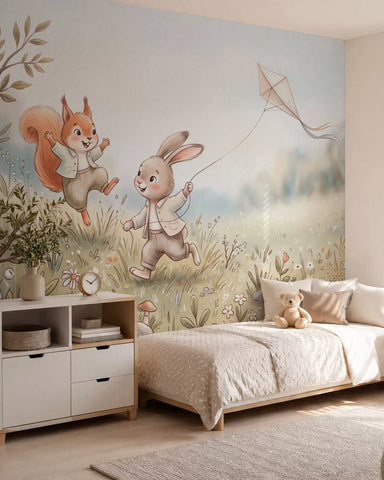A bunny with a kite and a squirrel in a meadow, in watercolor style