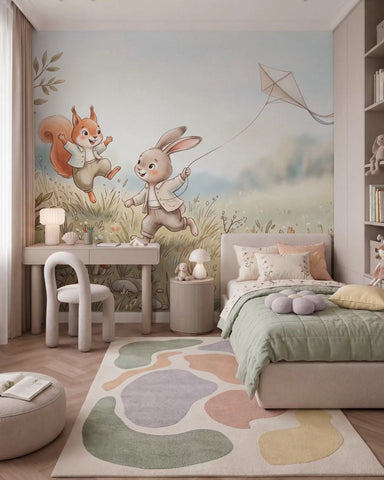 A bunny with a kite and a squirrel in a meadow, in watercolor style