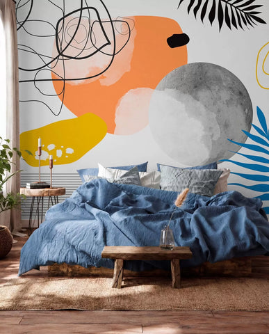 Abstract modern, minimalism, boho, geometry, watercolor spots, full moon, palm leaf silhouette, topography, intricacy, orange, yellow, gray
