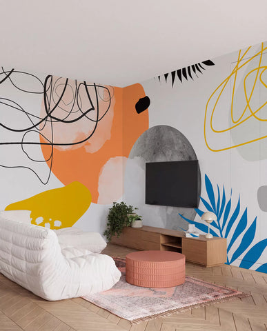 Abstract modern, minimalism, boho, geometry, watercolor spots, full moon, palm leaf silhouette, topography, intricacy, orange, yellow, gray