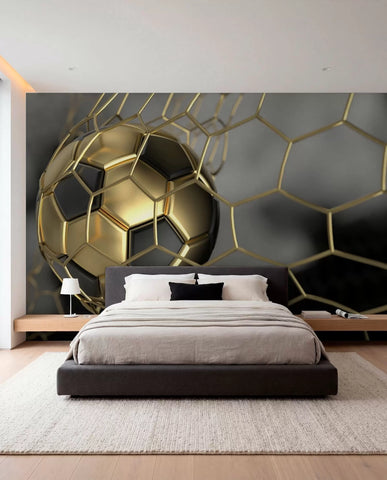 A soccer ball in the goal