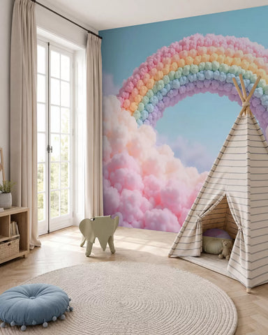 Fluffy rainbow on clouds, painted