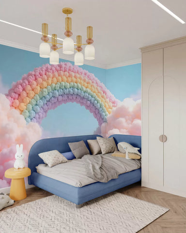 Fluffy rainbow on clouds, painted