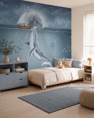 Children's design with whale, moon and boat with children