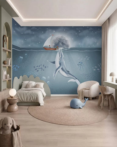 Children's design with whale, moon and boat with children