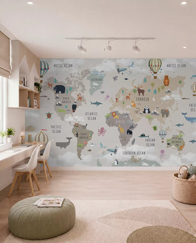 World map for children with animals and hot air balloons.