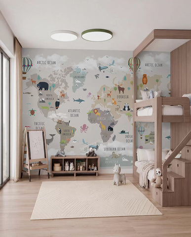 World map for children with animals and hot air balloons.