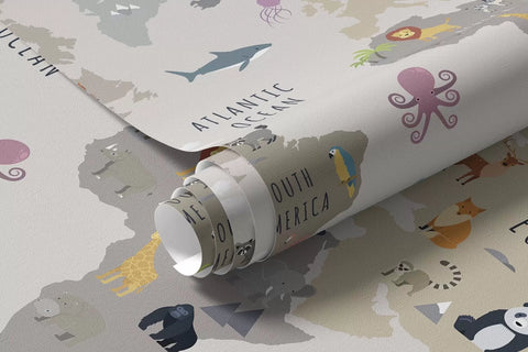 World map for children with animals and hot air balloons.