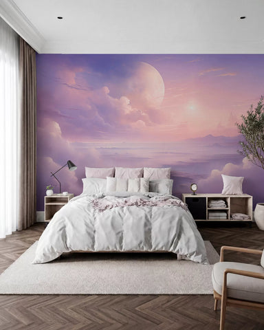 Magical purple-pink sky with the moon and clouds