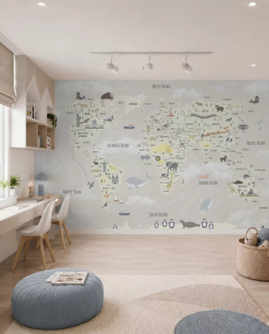 Children's world map with animals and sights