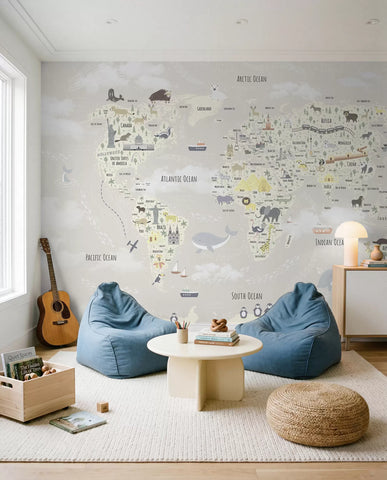 Children's world map with animals and sights