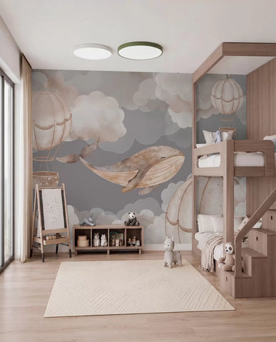 Whale and hot air balloons among soft clouds