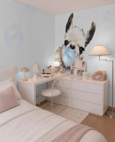 Cheerful llama and blue bubbles