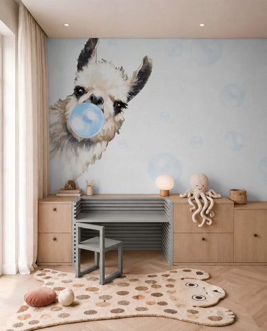 Cheerful llama and blue bubbles