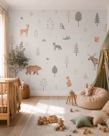 Forest animals and trees on a light background