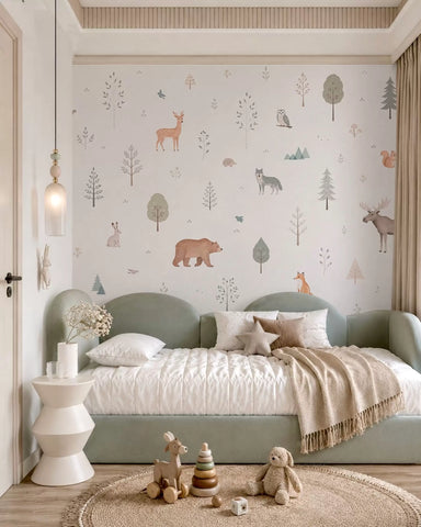 Forest animals and trees on a light background