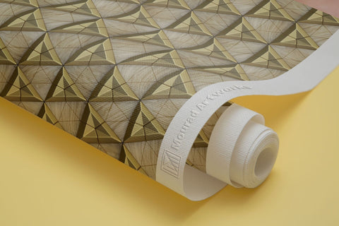 Gold ceramic tiles composite triangles with bevels and simple triangular wood elements
