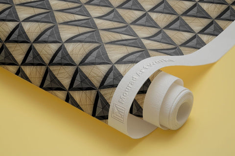 Black ceramic tiles composite triangles with bevels and simple triangular wood elements