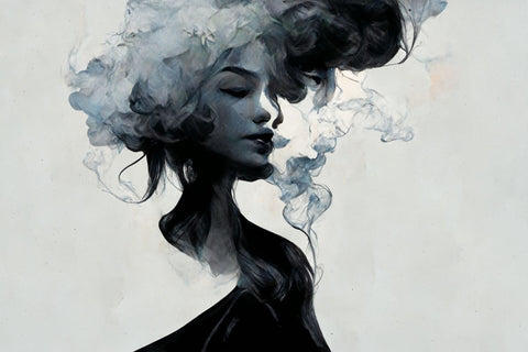 The woman in the smoke on gray background