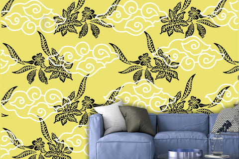 Golden Blossom Batik Mural Wallpaper:  A Radiant Celebration of Tradition