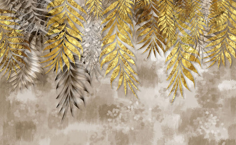 Golden branches tree leaves in drawing mural